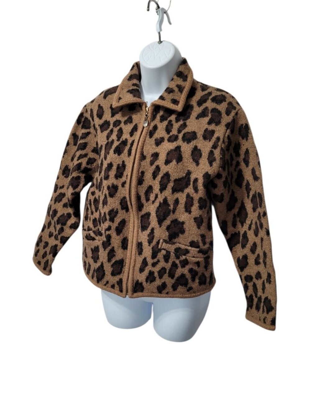 Vintage Lisa International Jacket M Boiled Wool Animal Print Full Zip Pockets - Picture 10 of 11